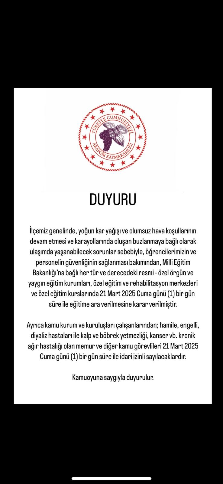 İLÇEMİZDE YAŞANAN YOĞUN KAR YAĞIŞINA İLİŞKİN DUYURU